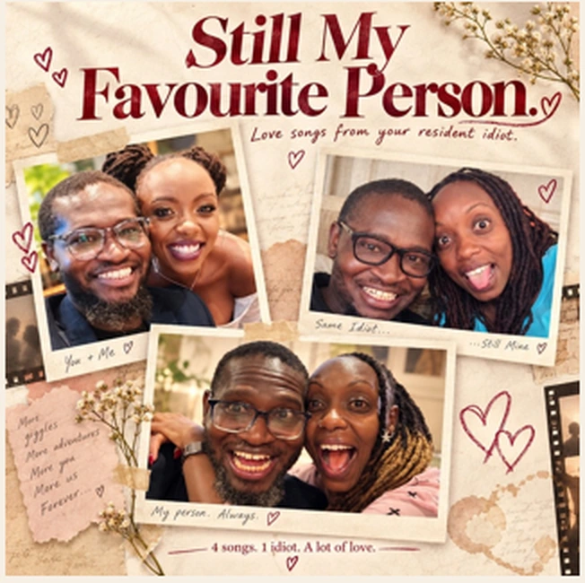 Personal photo collage of Andrew and Wambui with handwritten hearts